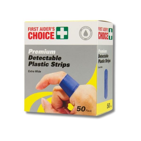 First Aiders Choice blue waterproof strips, extra wide, box of 50
