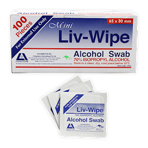 Liv-Wipe mini alcohol swabs, 65mm x 30mm, 100 pack